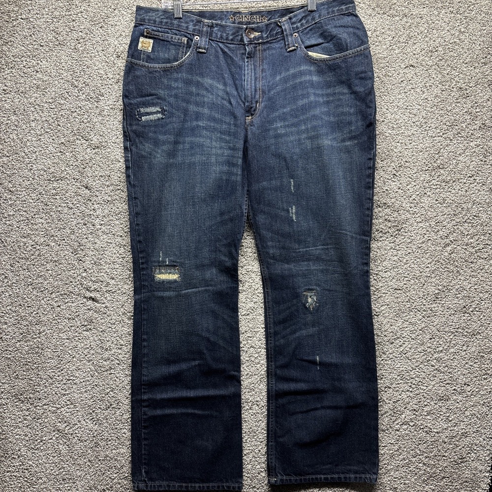Cinch Cooper Men's 36x32 (38x32Measure) Dark Mid‎ Distressed Bootcut Denim Jeans